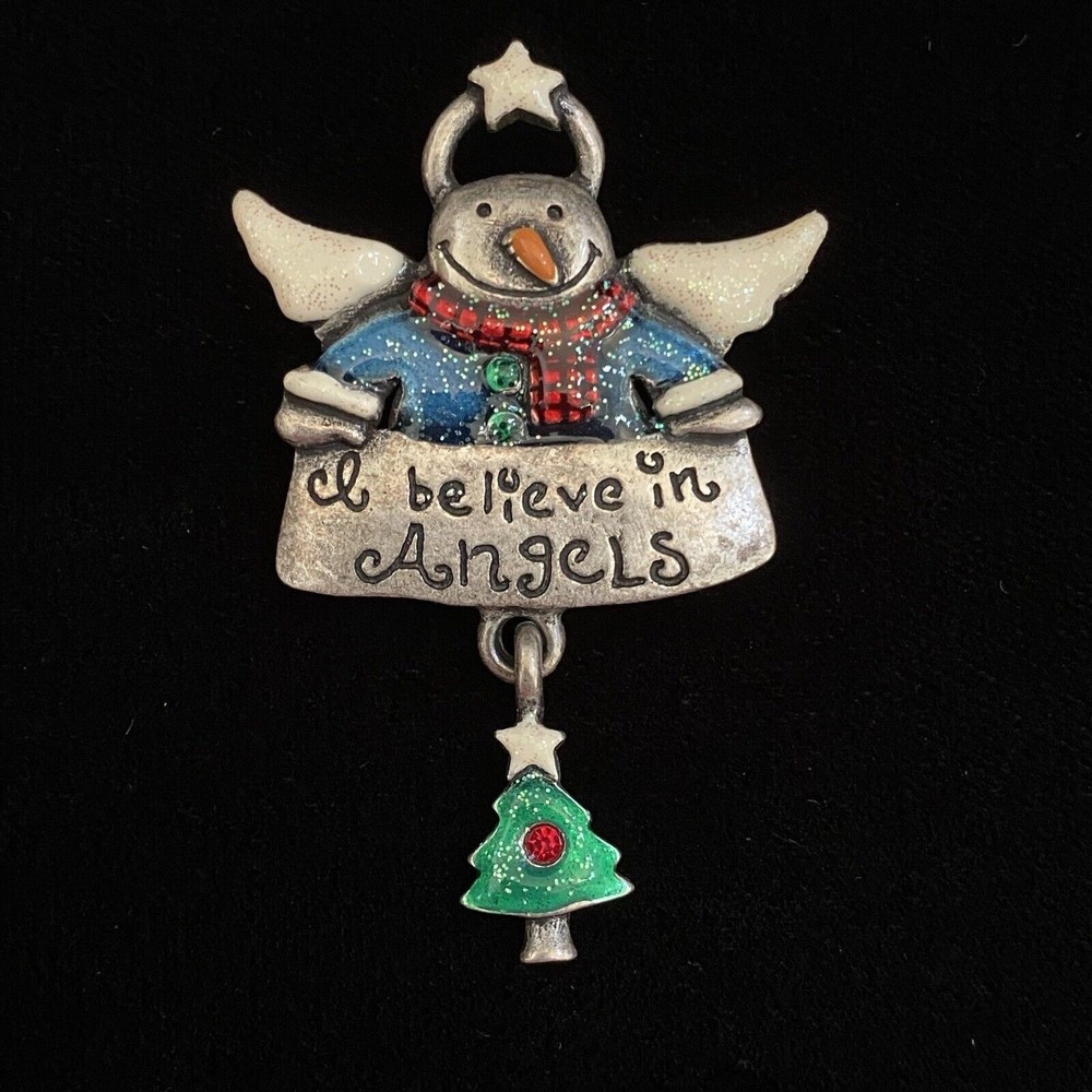 AJMC Vintage Christmas I Believe in Angels Brooch Snowman Angel with Tree